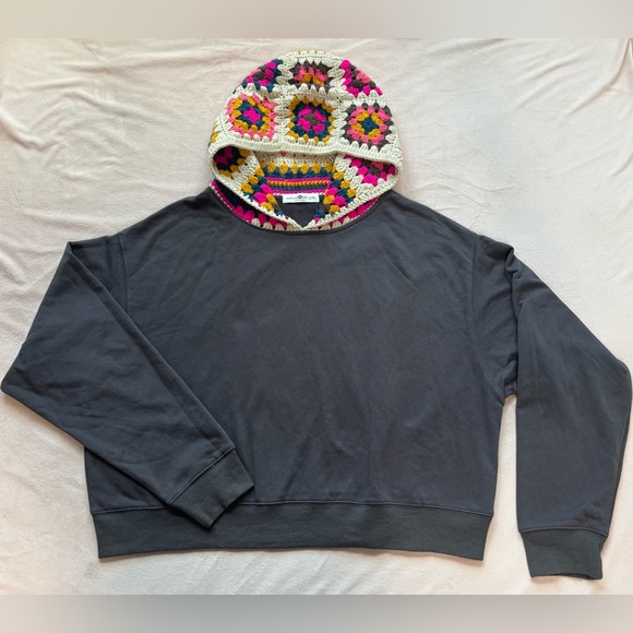 Natural Life Granny Crochet Hood Sweatshirt Charcoal Gray Oversize Size L/XL - Picture 3 of 11